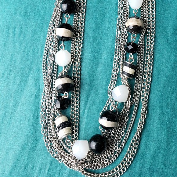 2/10$ Silver tone chain with black and white beads necklace - Picture 2 of 4